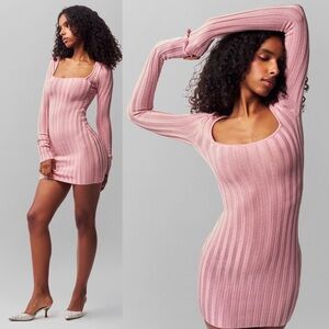 NEW! Guizio- Slinky Rib Mini Dress Cotton Candy Pink Size Large Square Neck